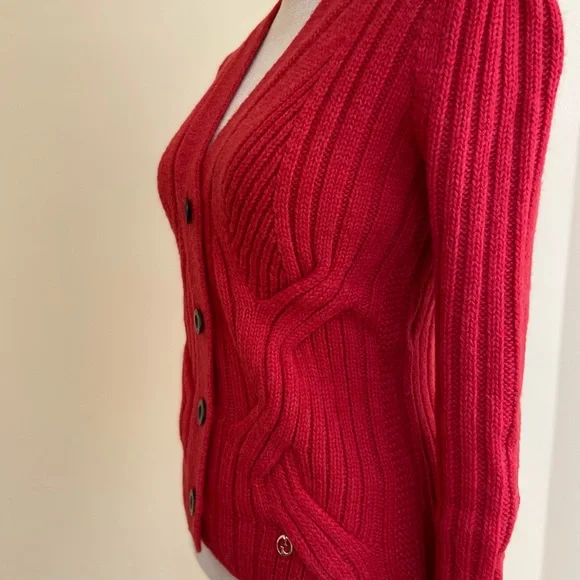 Gucci Chunky Alpaca Wool Blend Red Cardigan Cable Knit Sweater Made in Italy - Picture 7 of 16